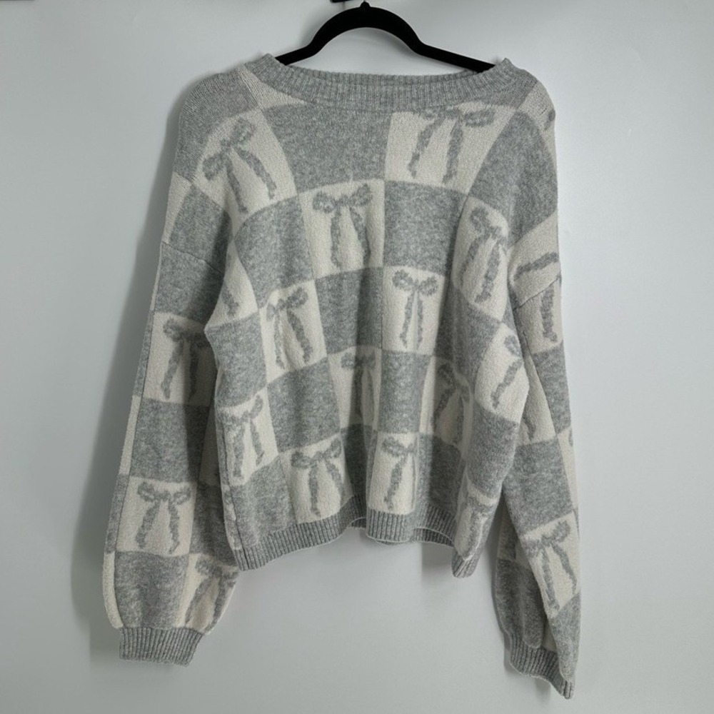 A New Day Womens Large Grey White Checkered Bow Knit Crewneck Sweater L Grey
